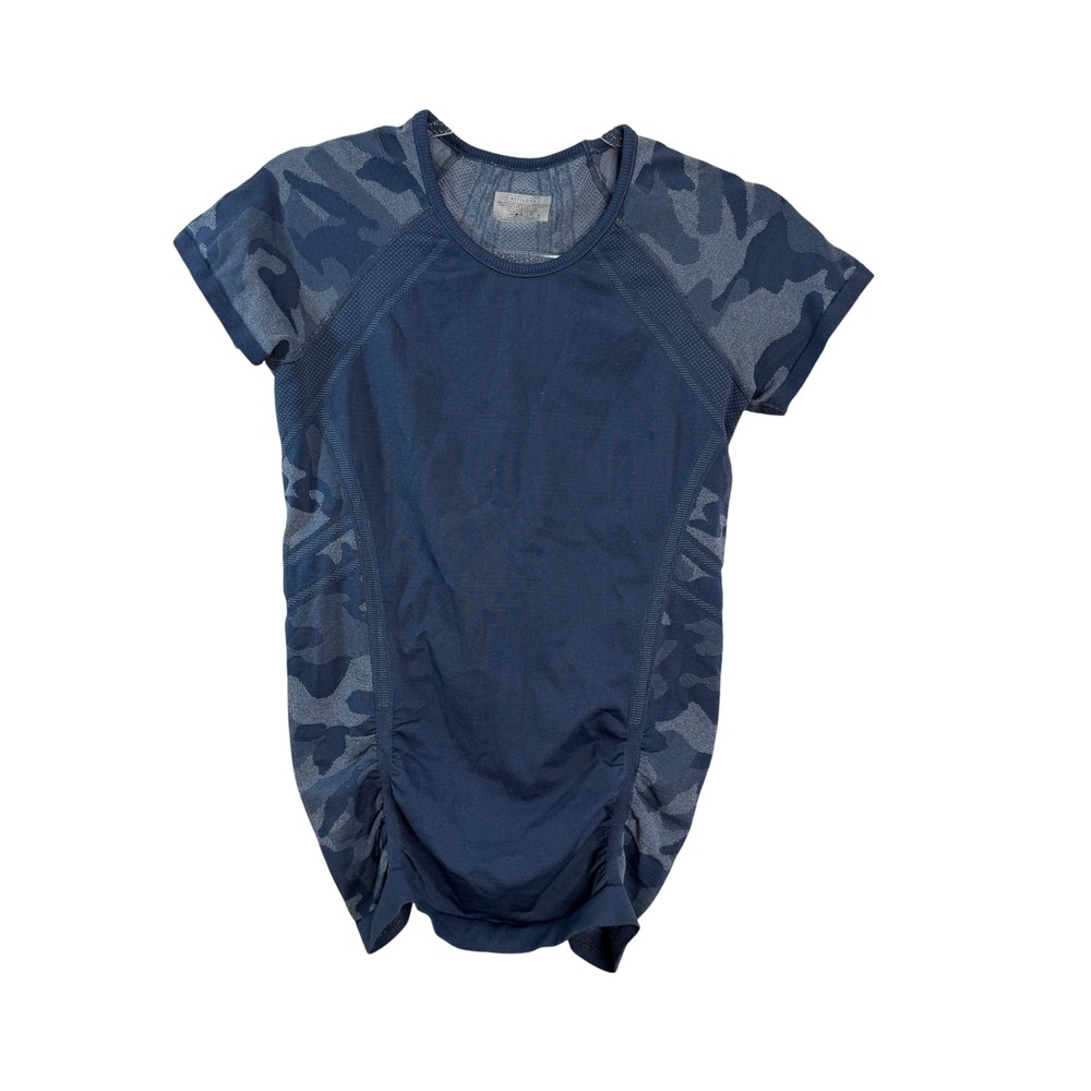 Athleta Camo Fastest Track Tee Navy Blue Side Ruching Size Small Women's